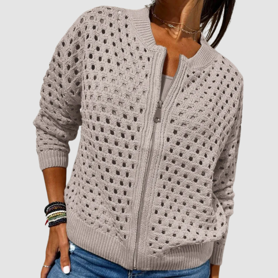 Women's zip-front knit cardigan with light openwork texture, relaxed silhouette for effortless layering
