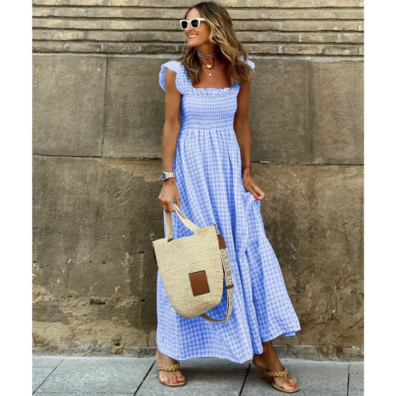 Lightweight cotton plaid maxi dress with smocked bodice, breathable chic silhouette for casual everyday wear