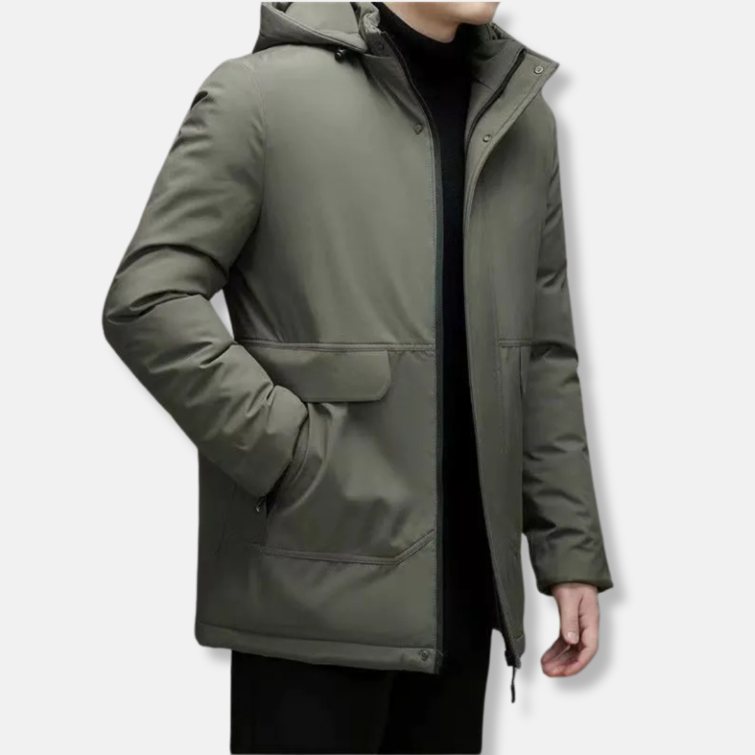 Men's black hooded padded insulated coat windproof hip-length urban explorer silhouette