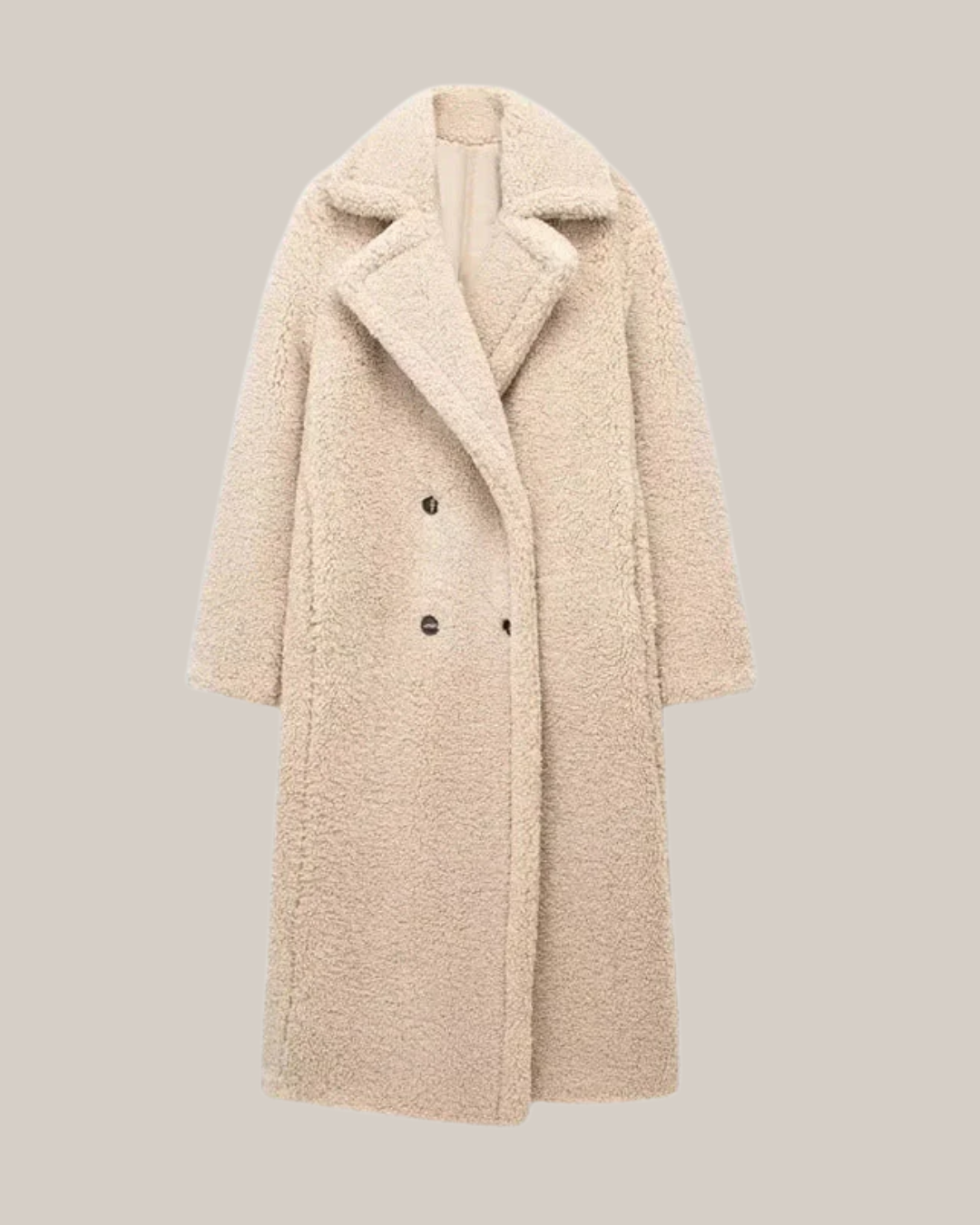 Women's long camel teddy coat double-breasted lapel collar relaxed fit warm winter outerwear