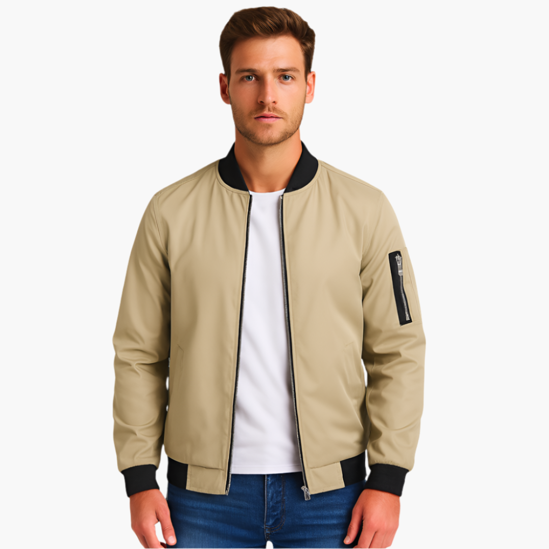 Men's bomber jacket with zip arm pocket, ribbed hem and cuffs, casual everyday outerwear