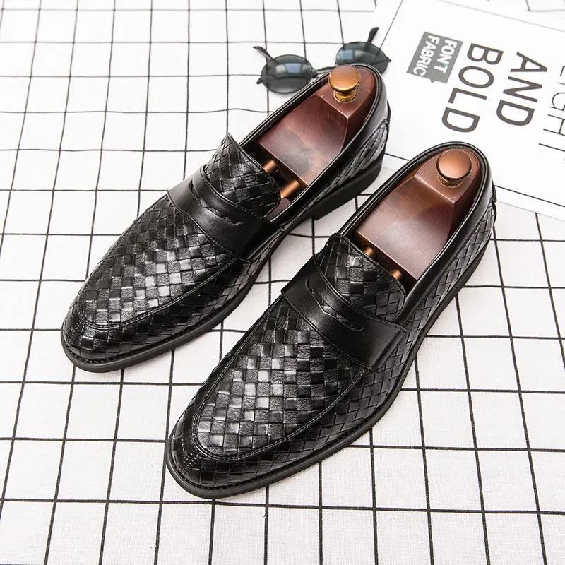 Men's brown handwoven leather loafer with almond toe, cushioned footbed, and non-slip sole