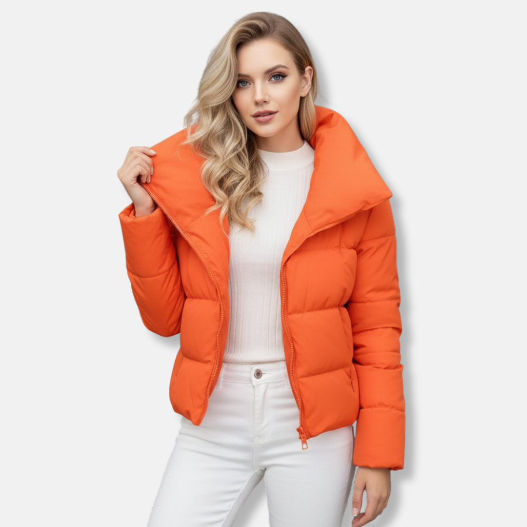 Women's black quilted padded coat regular fit funnel neck asymmetric zip closure winter warmth
