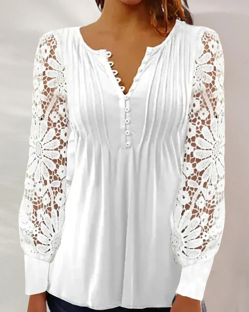 Women's elegant lace V-neck long sleeve blouse with delicate lace detailing for evening occasions