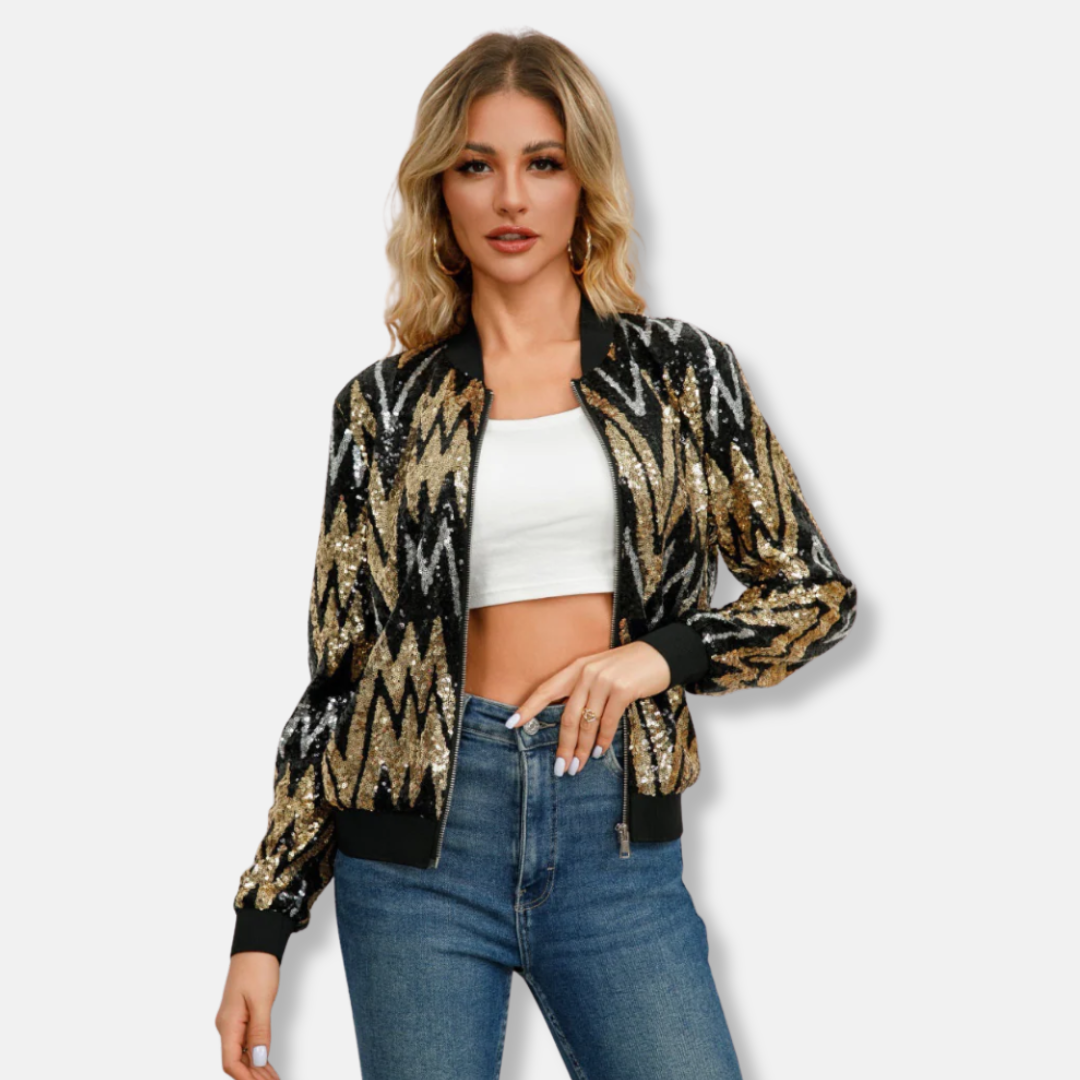 Women's silver sequined cropped bomber jacket with chevron pattern, relaxed fit, and zip-front closure