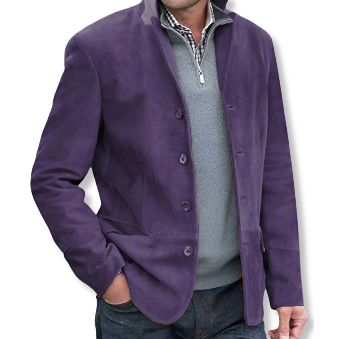 Men navy tailored fit hip-length jacket with classic button-front closure for refined everyday style
