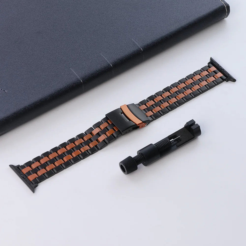 Stainless steel Apple Watch band brushed polished multi-link design butterfly clasp everyday wear