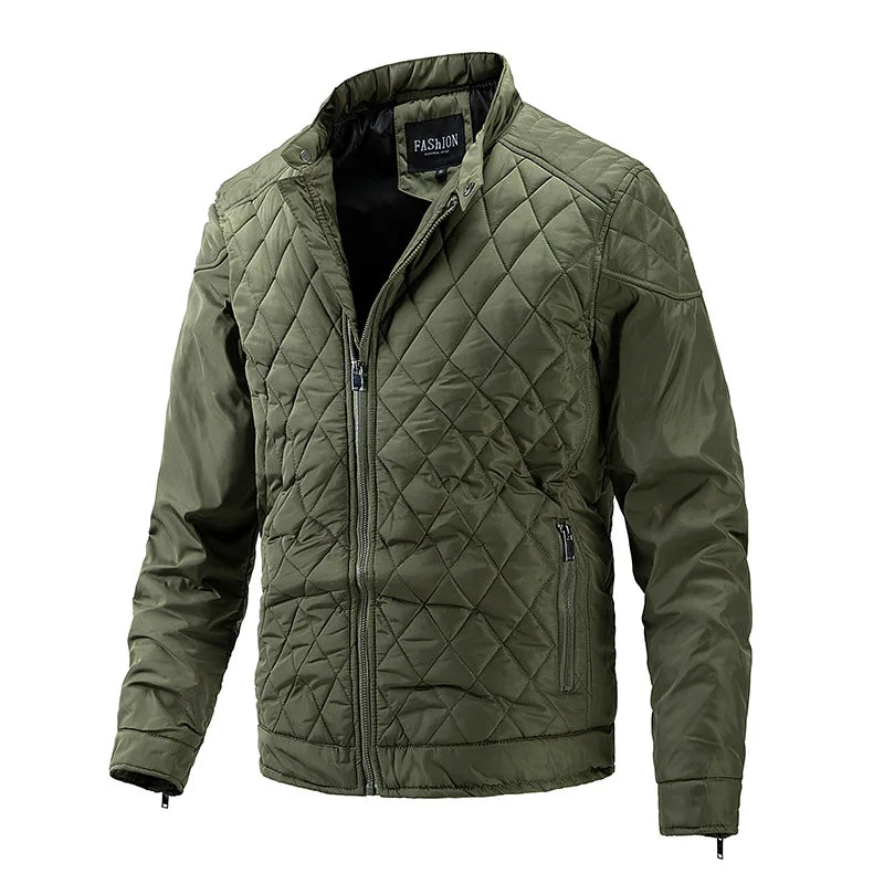 Men's lightweight black puffer jacket with diamond quilting pattern and front zipper closure