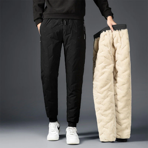 Black thermal insulated windproof pants with moisture barrier technology for cold weather outdoor use
