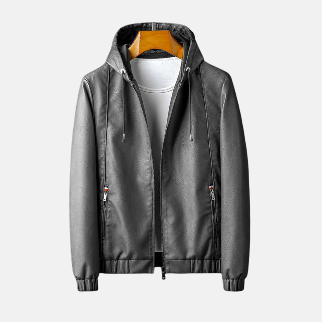 Men's black faux leather hooded jacket relaxed fit with zip closure, everyday casual outerwear