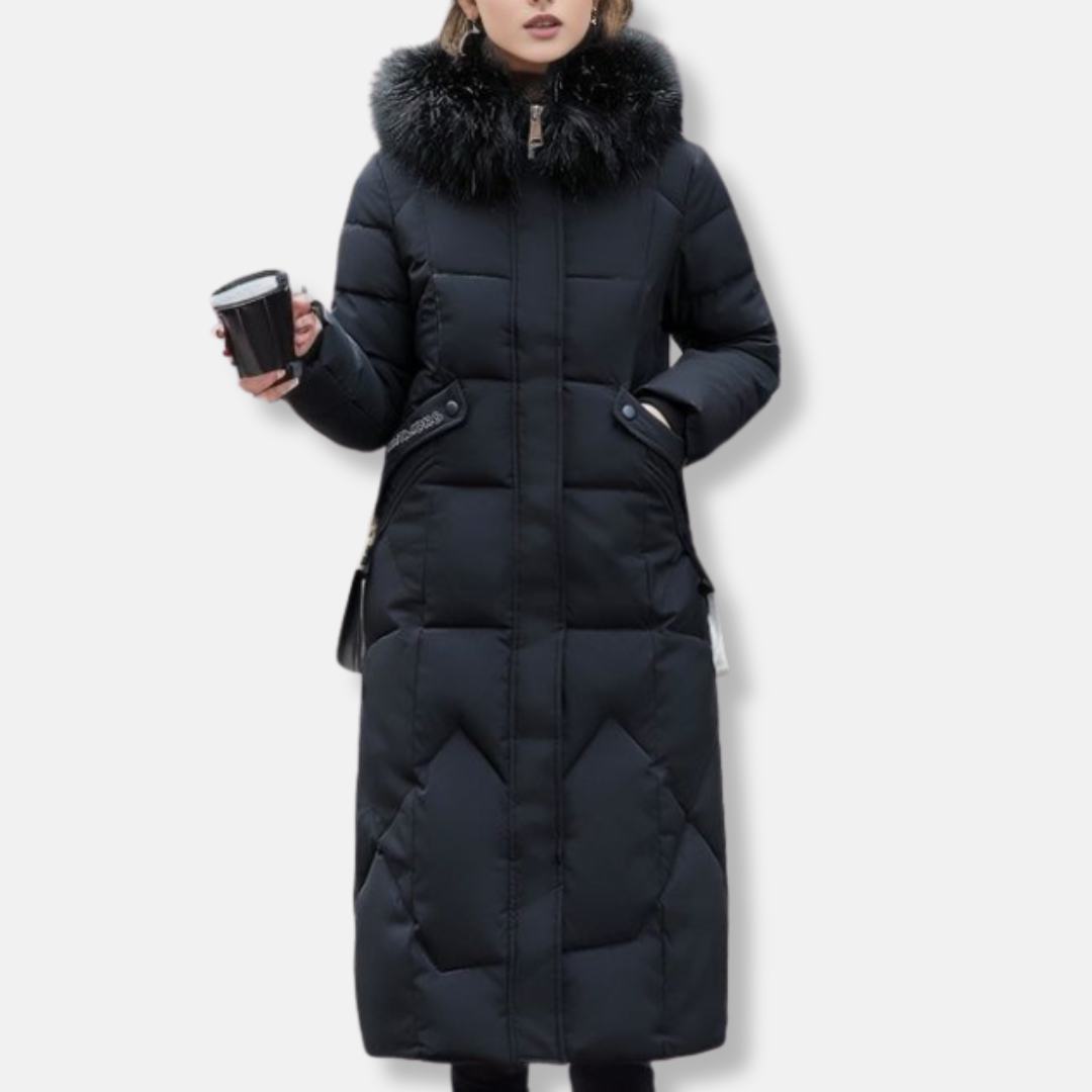 Women's black quilted slim-fit long padded coat with detachable fur collar, full-length warmth