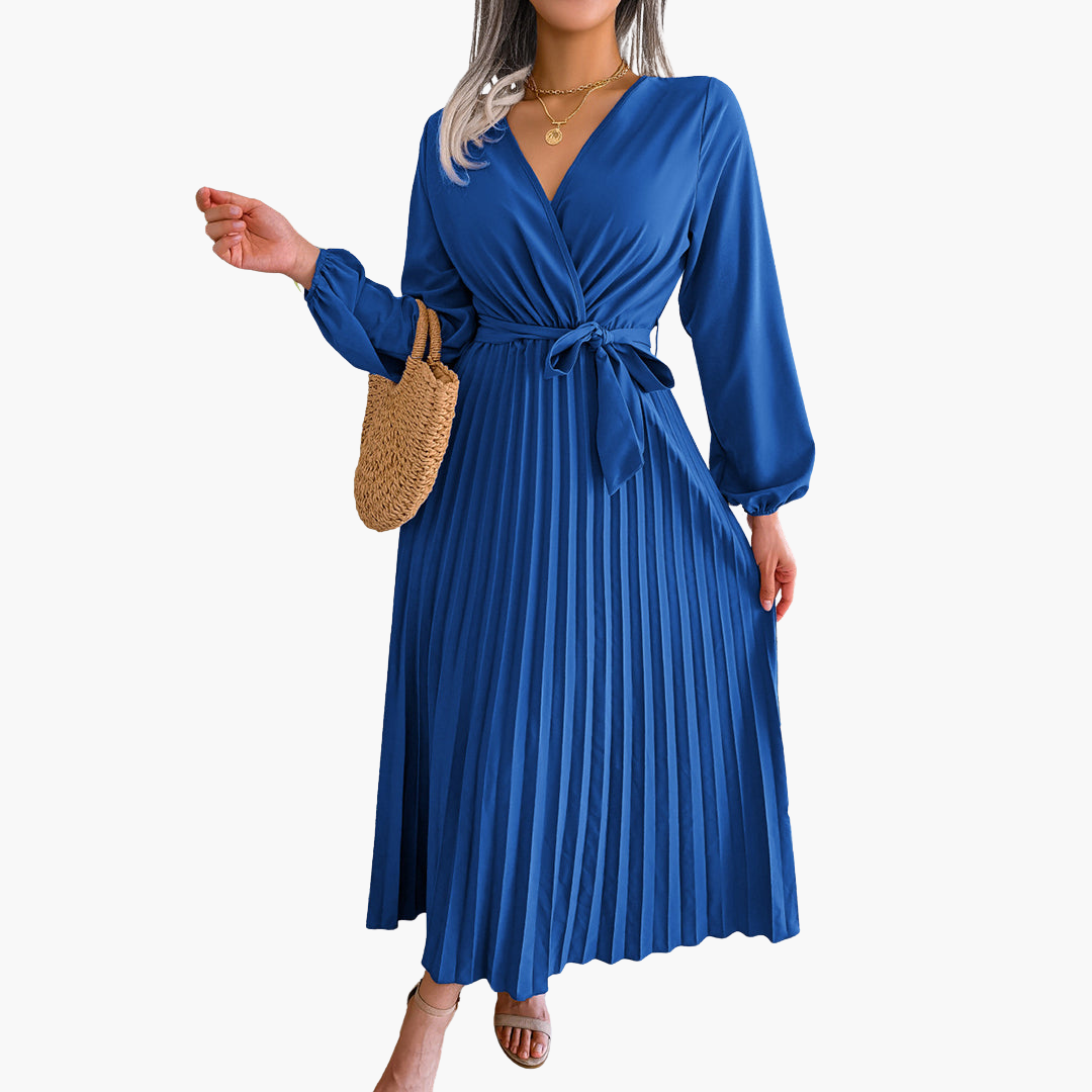 Women's elegant pleated maxi dress long sleeves flowing formal evening gown airy silhouette
