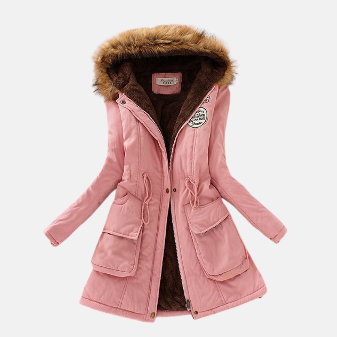 Women's tailored parka jacket with fleece lining, faux fur hood, zip closure, streamlined fit