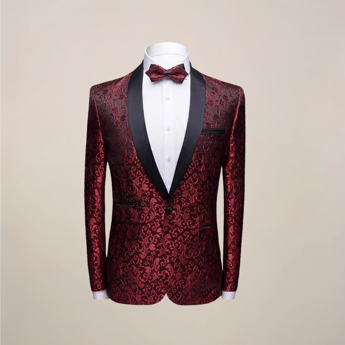 Black men's embroidered tuxedo blazer with baroque pattern and lustrous satin lapels