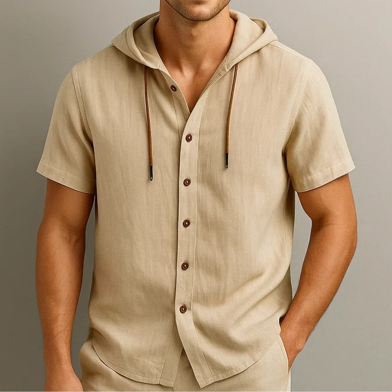 Unisex beige linen hoodie shirt, lightweight short-sleeve cotton-linen blend with drawstring hood curved hem