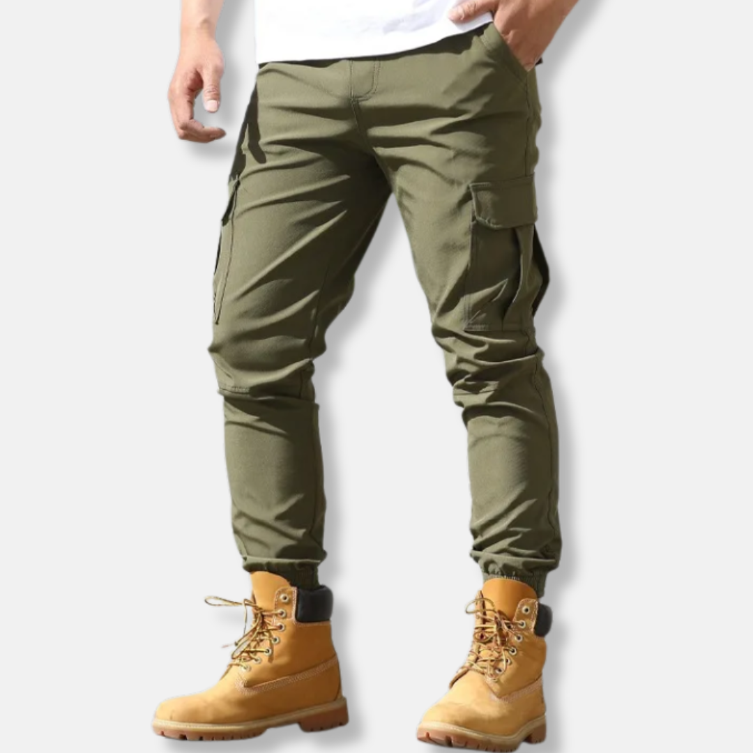 Men's gray woven stretch cargo jogger pants slim fit with elasticated ankle cuffs