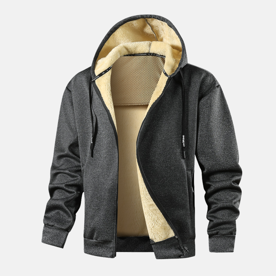 Men's grey zip-up hoodie jacket relaxed fit with plush fleece lining for cozy winter warmth