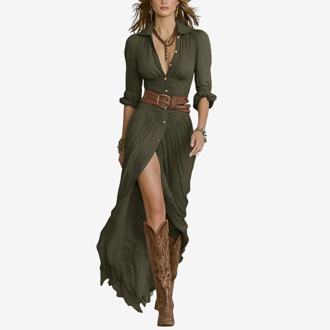 Women's belted button-front maxi gown with waist-defining belt for elegant evening wear