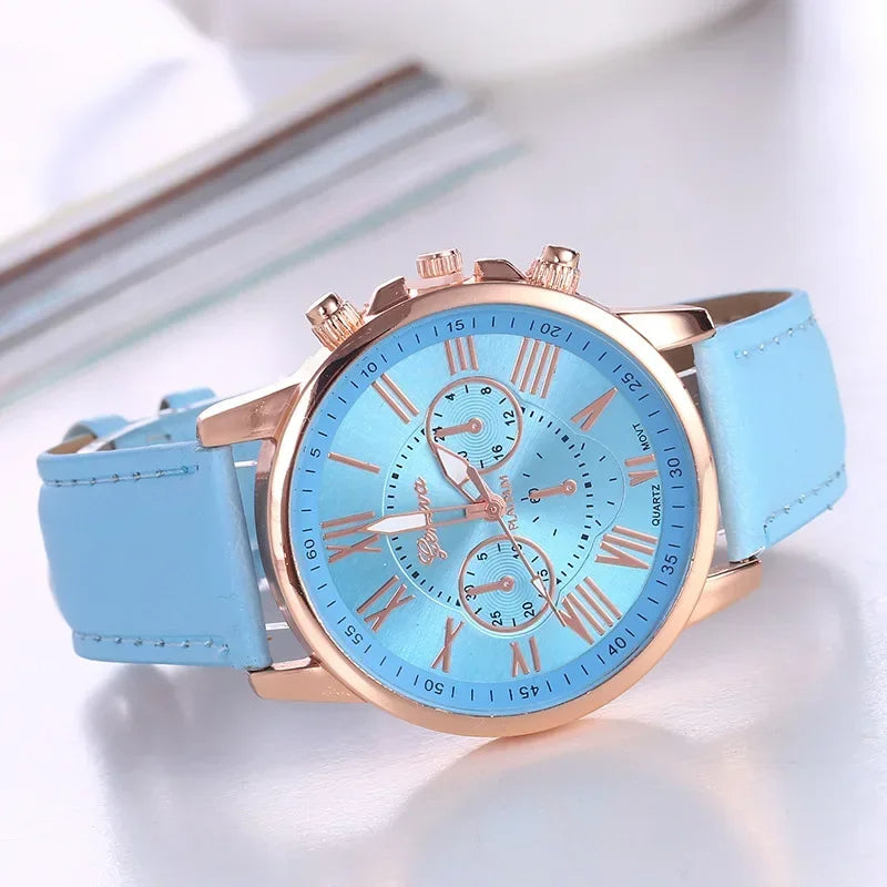 Geneva women's chronograph watch bold color dial gold case vibrant strap Roman numeral face