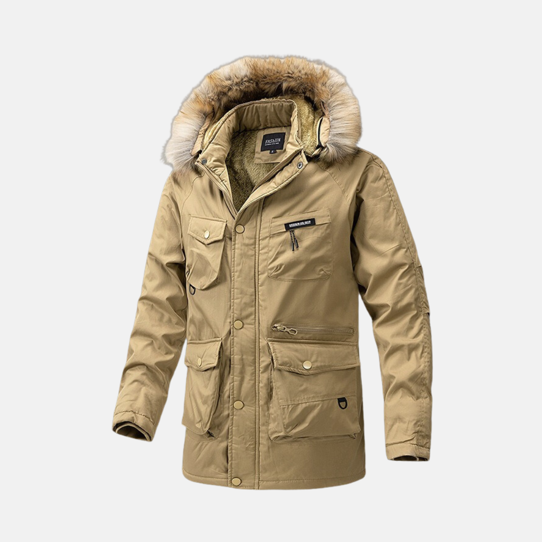 Men's insulated parka jacket weather-resistant relaxed fit with detachable faux fur hood for winter