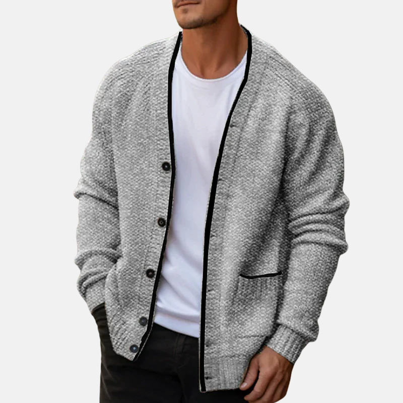 Men's wool blend relaxed fit V-neck cardigan sweater with button-front for smart-casual layering