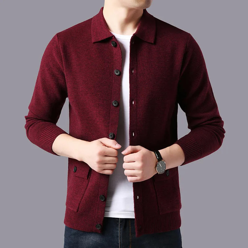 Varsity collared cardigan in classic style with deep buttoned pockets, lightweight cotton blend fit