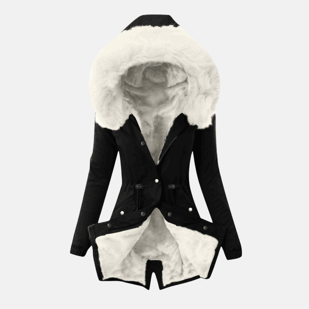 Women's cozy slim fit mid-length jacket with adjustable waist and plush-lined hood, flap pockets