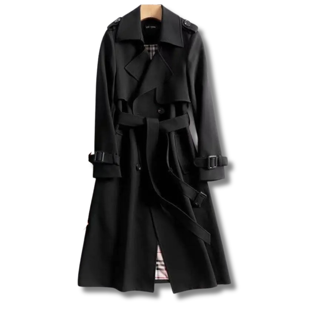 Women's beige classic trench coat with adjustable waist and weatherproof construction