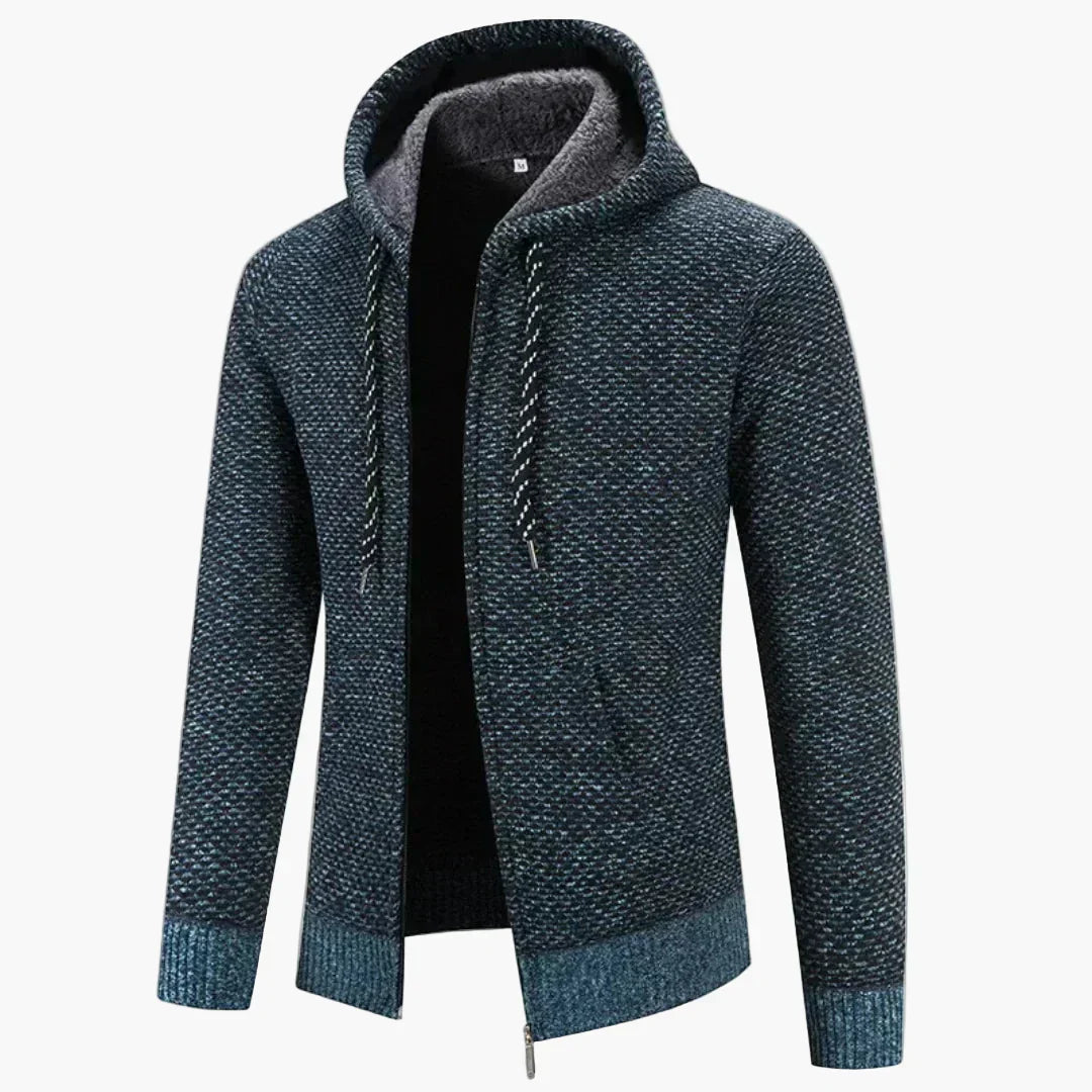 Men's gray knitted hooded zip-up jacket with warm lining, sporty hood, and modern casual winter fit