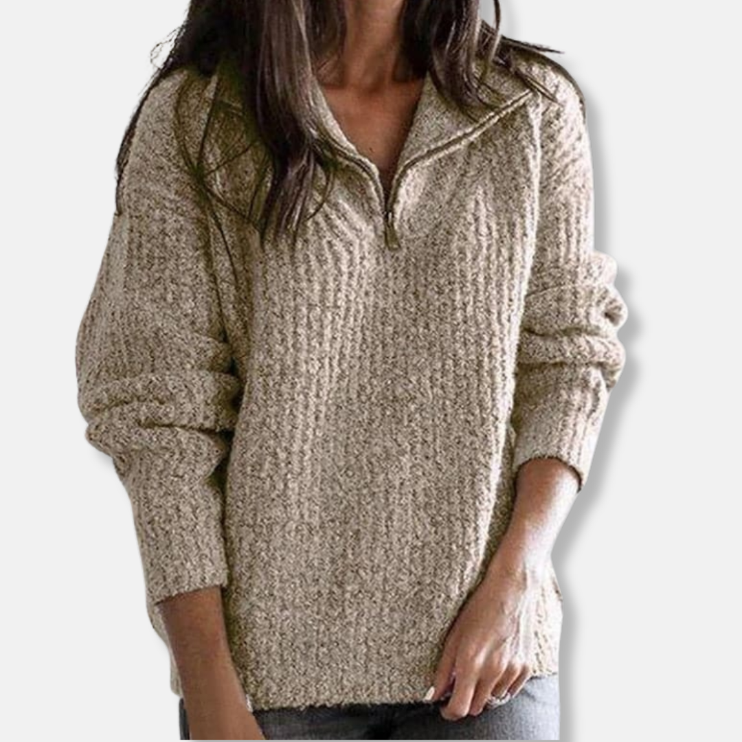 Women's ribbed half-zip collar sweater relaxed fit hip-length knit in neutral winter style