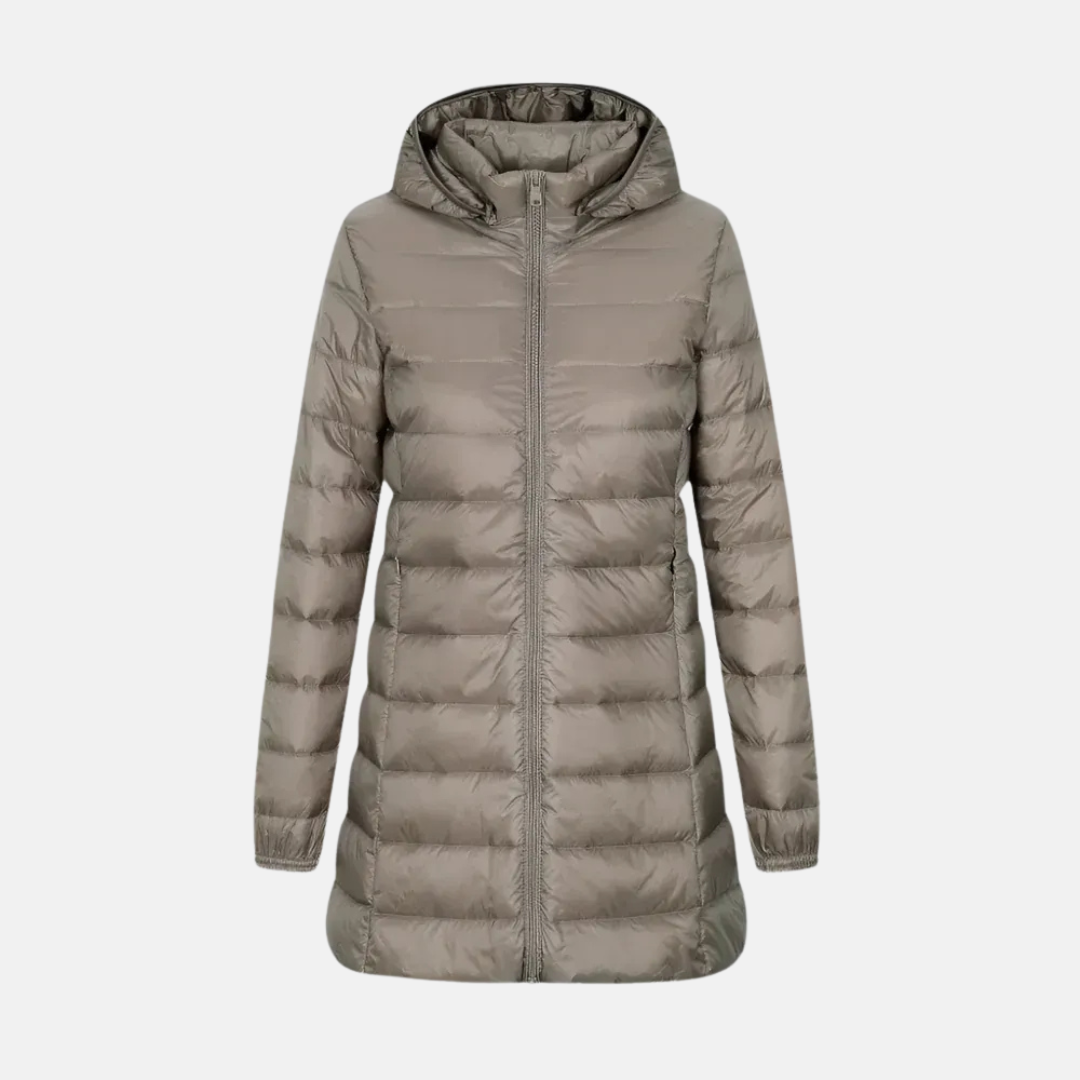 Women's fitted mid-thigh quilted down jacket hooded water-resistant sleek silhouette for fall winter