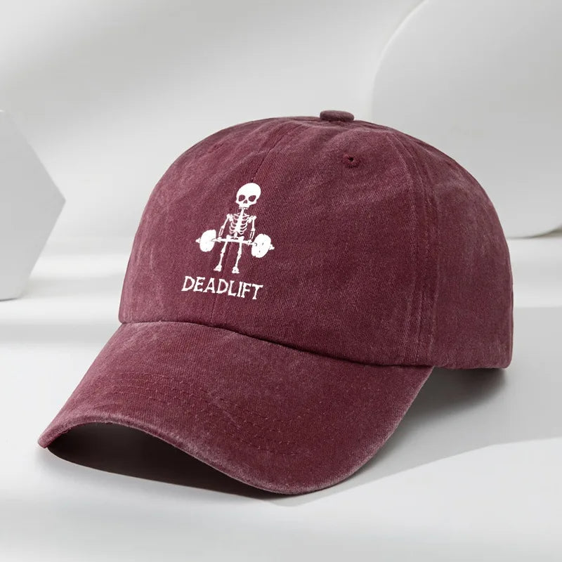 Washed cotton unisex gym cap with skeleton deadlift graphic and adjustable metal buckle strap
