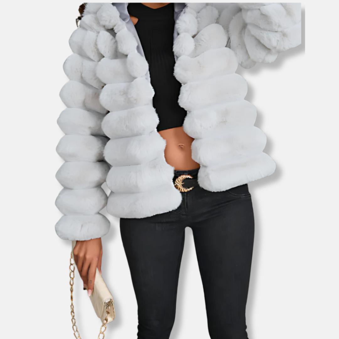 Women's faux fur cropped jacket beige stand-up collar long sleeve plush winter outerwear