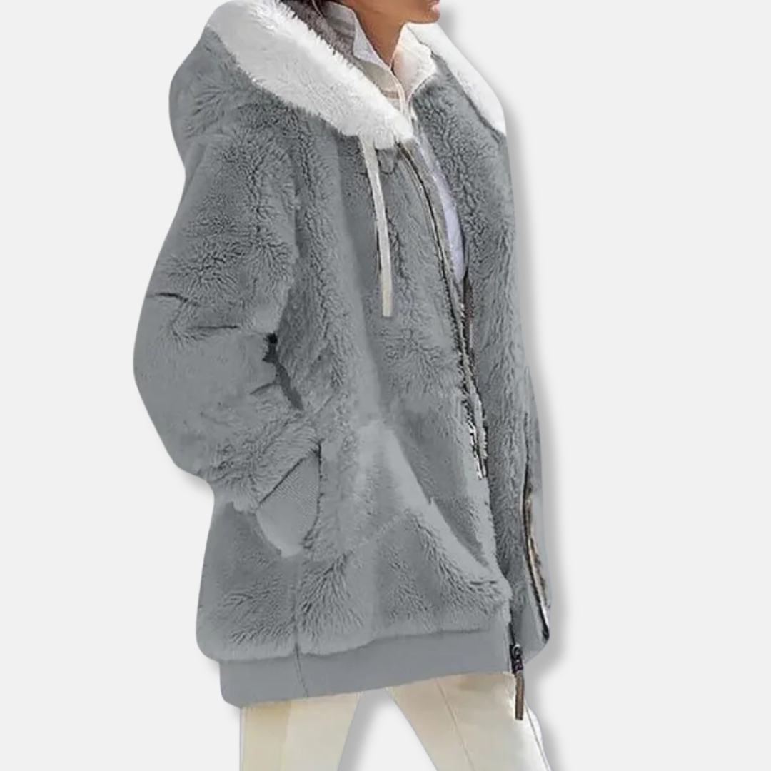 Women's oversized fleece jacket hooded mid-thigh length with zip front and pockets cozy winter layer