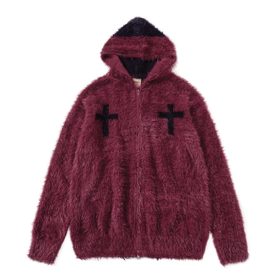 Reversible dual-tone faux fur hoodie with embroidered crosses, plush streetwear zip-up design