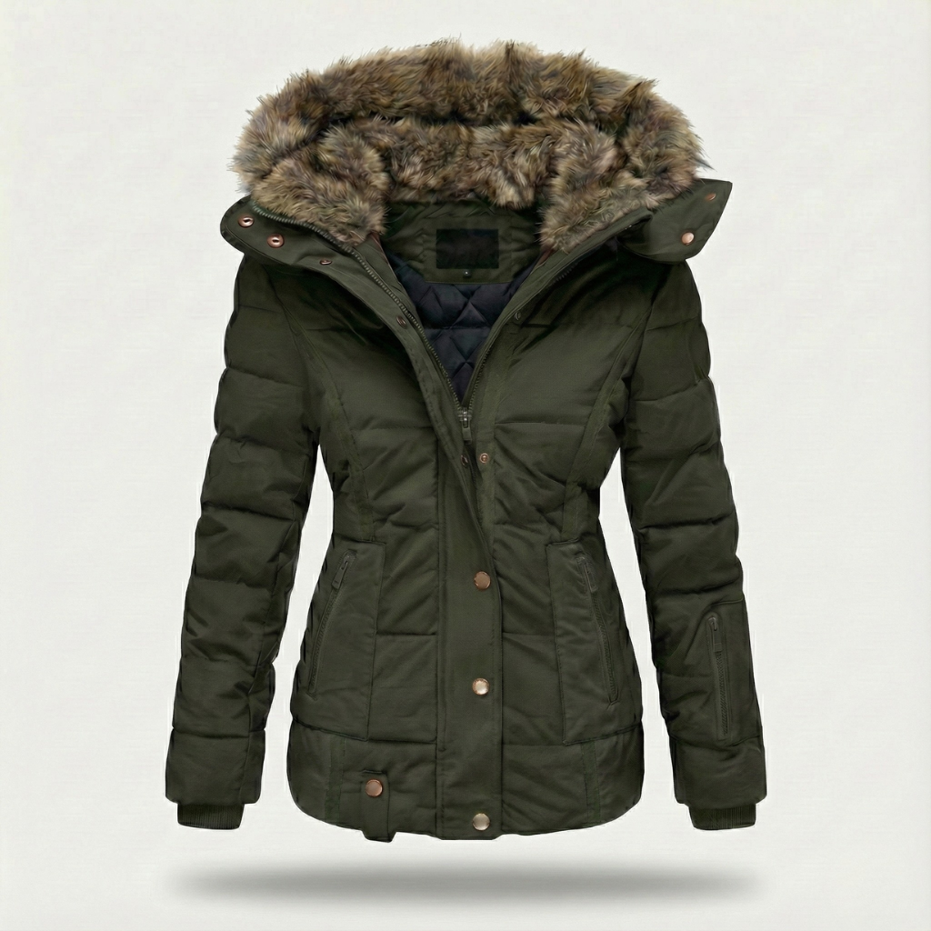 Women's black hooded puffer jacket tailored fit faux fur lined hood water resistant insulation