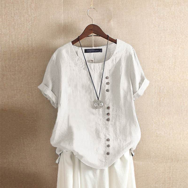 Women's relaxed fit cotton blend blouse short sleeves asymmetrical front buttons everyday style