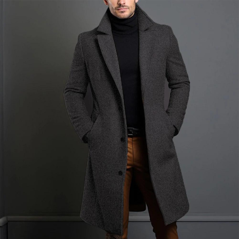 Men's Jameson classic long overcoat with structured lapel collar, tailored silhouette, timeless style
