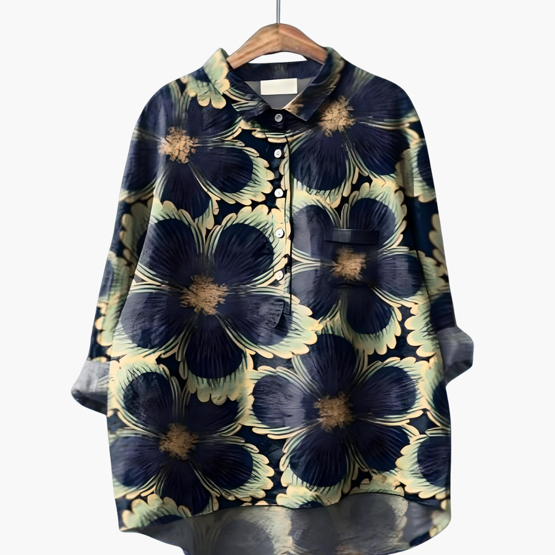 Women's floral print lightweight summer blouse with rolled-up long sleeves in vibrant seasonal colors