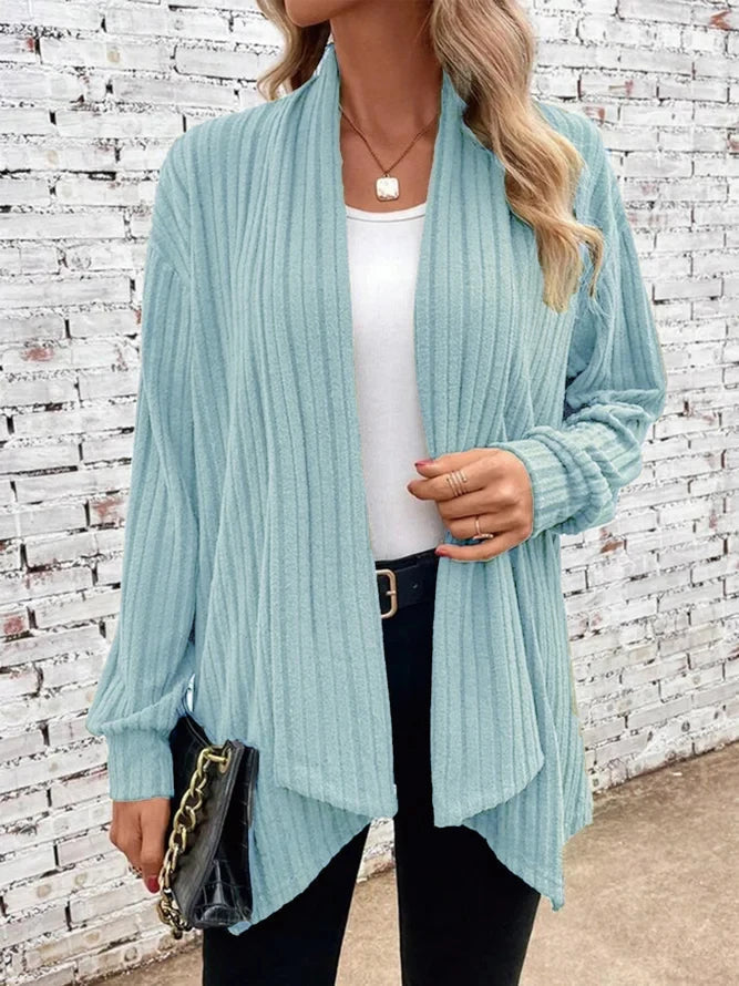 Women's soft knit cardigan lightweight open-front drape style in neutral tone, flattering everyday layer