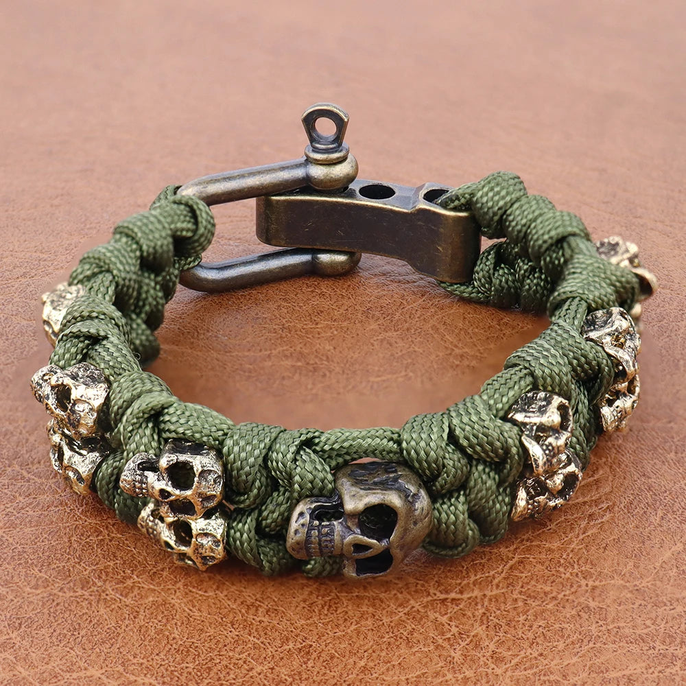 Handwoven skull paracord bracelet military-grade tactical style adjustable fit outdoor survivalist wristwear