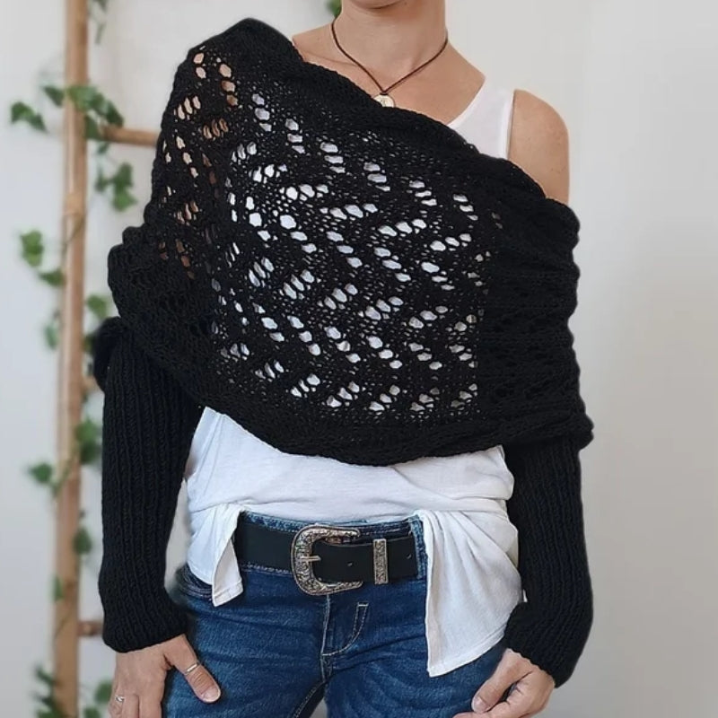 Cream knitted scarf with sleeves openwork hypoallergenic soft yarn cozy wrap lightweight warmth