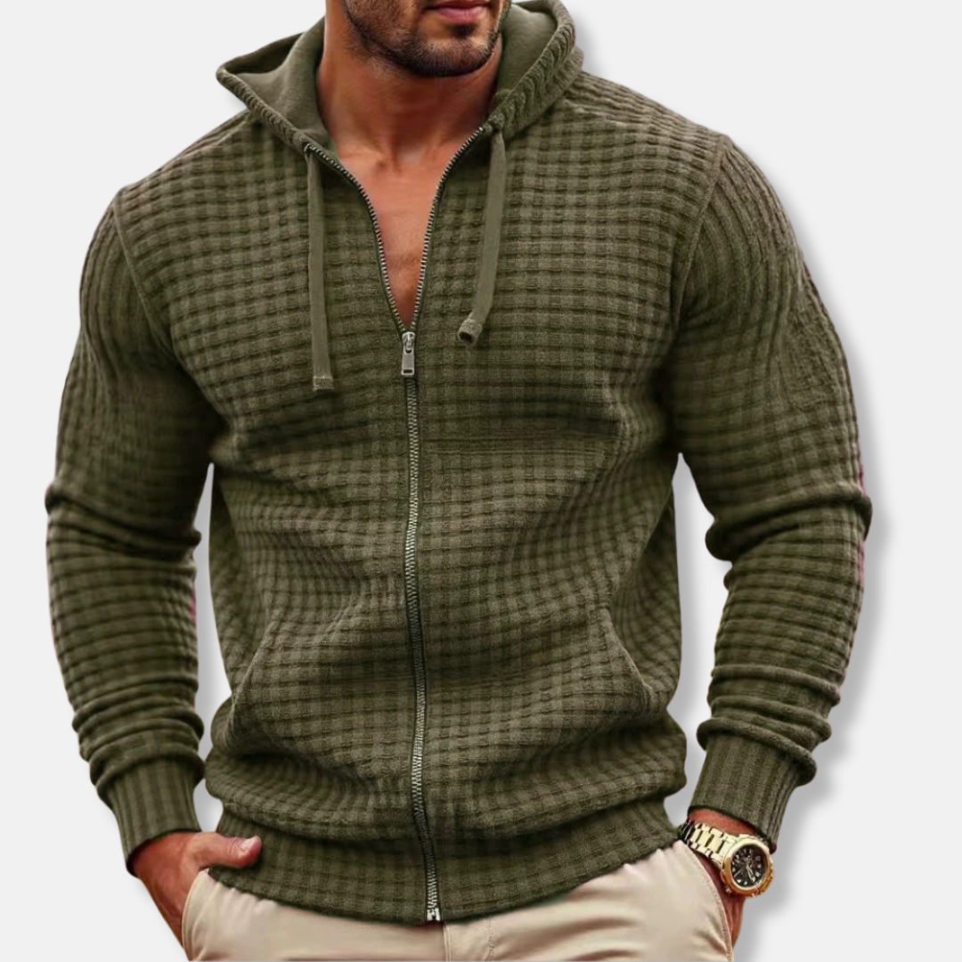 Men's zip-up hoodie cotton blend regular fit with textured grid pattern in neutral tone