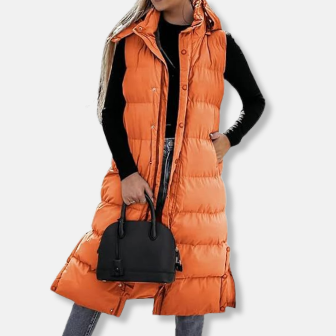 Women's ankle-length quilted puffer vest relaxed fit hooded sleeveless nylon with side slits
