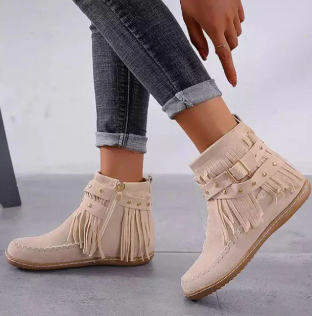 Women's brown faux suede fringe ankle boots with warm lining and side zip closure
