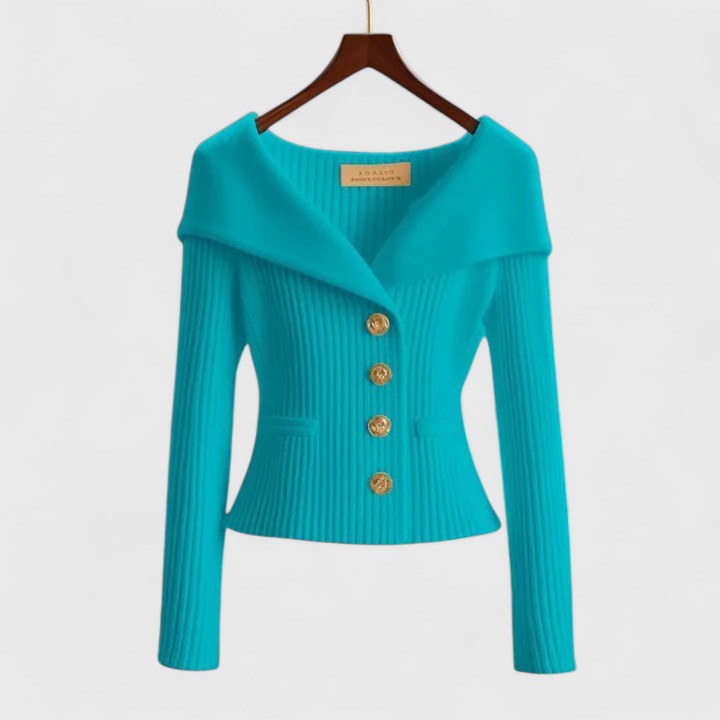 Women's off-shoulder ribbed knit blazer in neutral tone with gold buttons and structured elegant silhouette