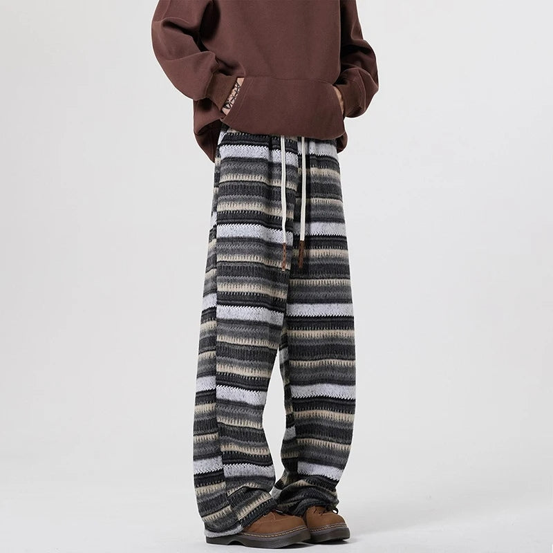 Women's relaxed striped wool knit pants 90s-inspired loose fit with adjustable drawstring waist