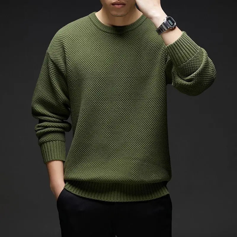 Unisex waffle knit crewneck sweater cotton blend midweight structured fit textured pattern everyday essential