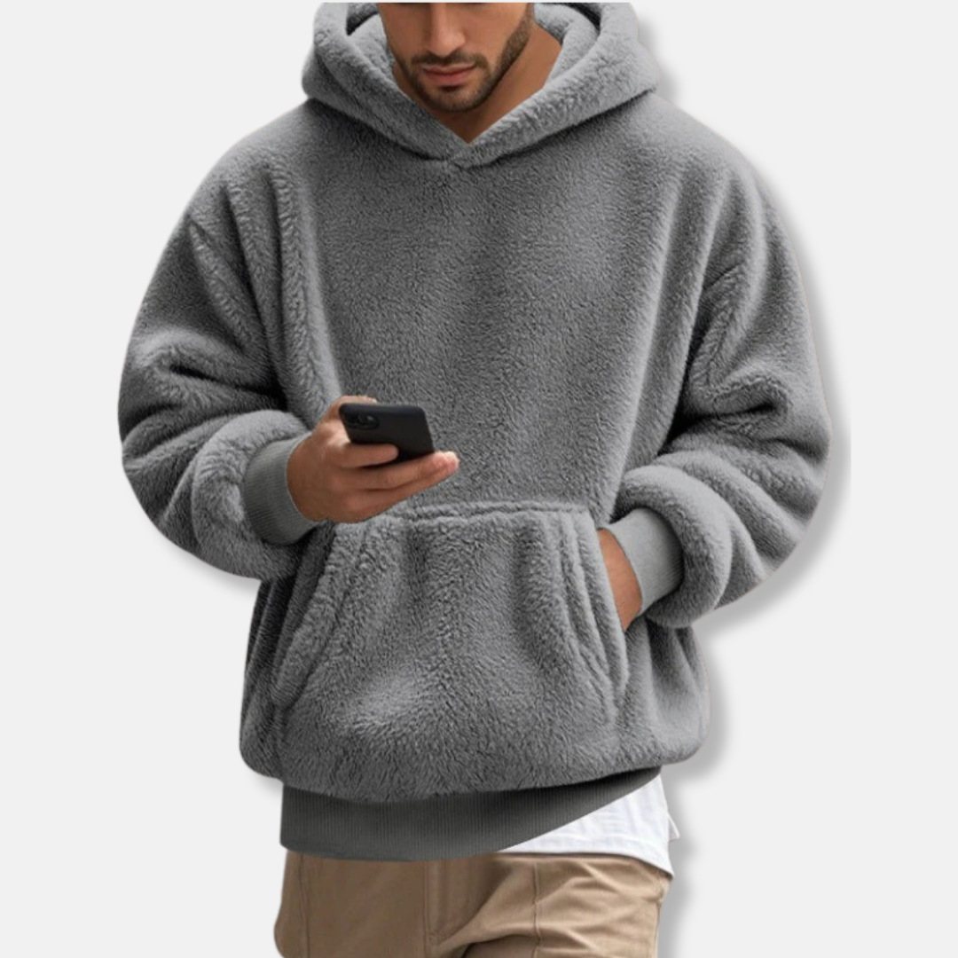 Men's fleece hoodie V-neck relaxed fit with kangaroo pocket, cozy hip-length casual layer