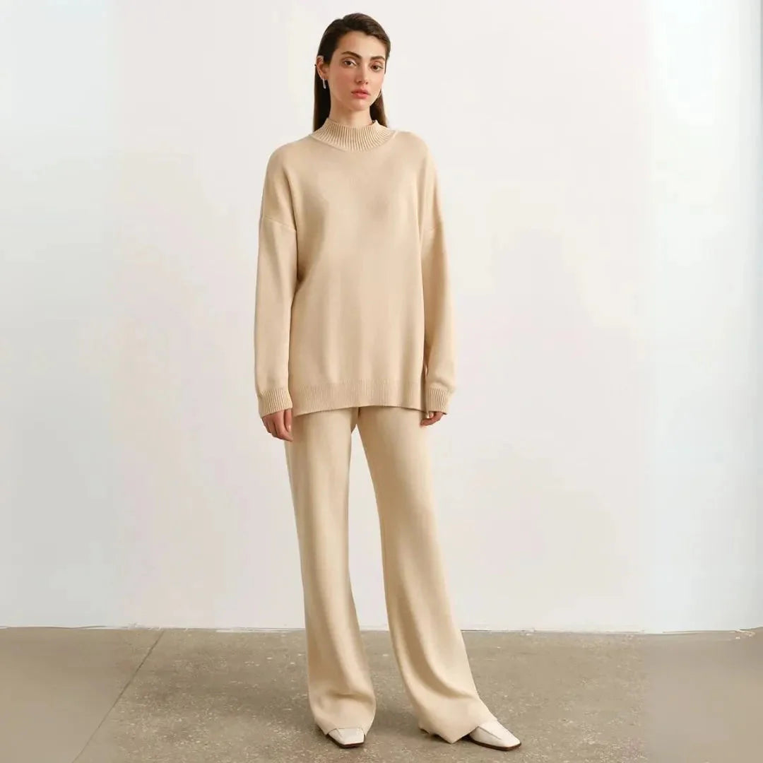 Callie soft knit loungewear set mock-neck sweater wide-leg pants relaxed fit two-piece cozy style